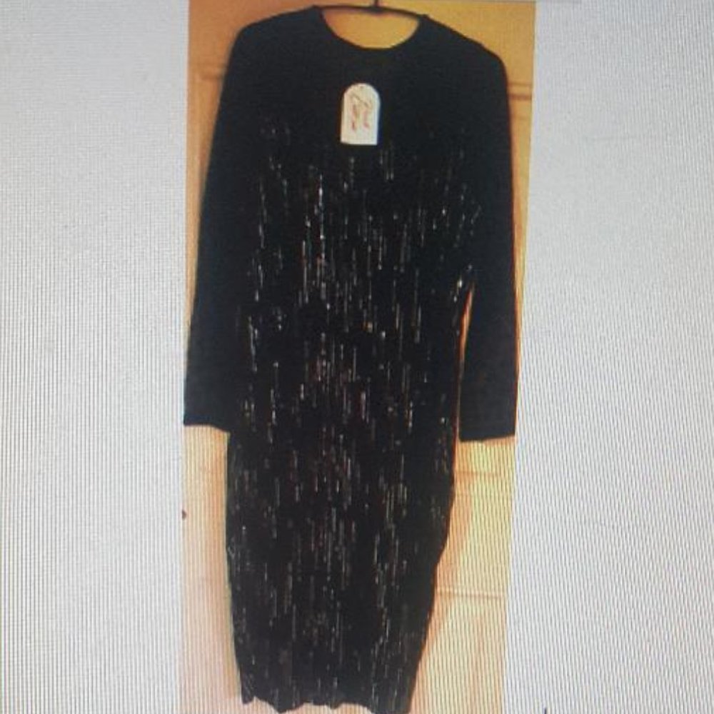 WOMENS SEQUIN PARTY/ EVENING STRETCH DRESS SHIFT/ STRAIGHT POLKA DOT NET SLEEVES